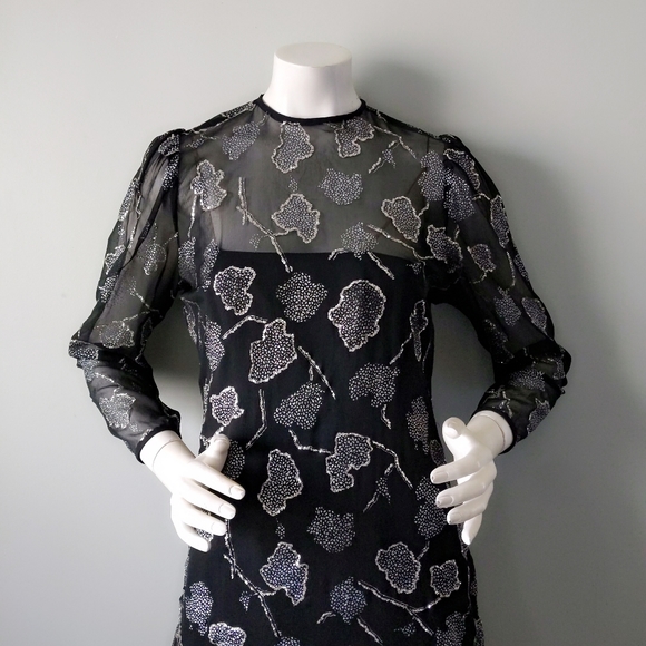 Vtg 80s Victor Costa Archival Sheer Glitter Leaf Print Full Skirt Party Dress M - Picture 2 of 8